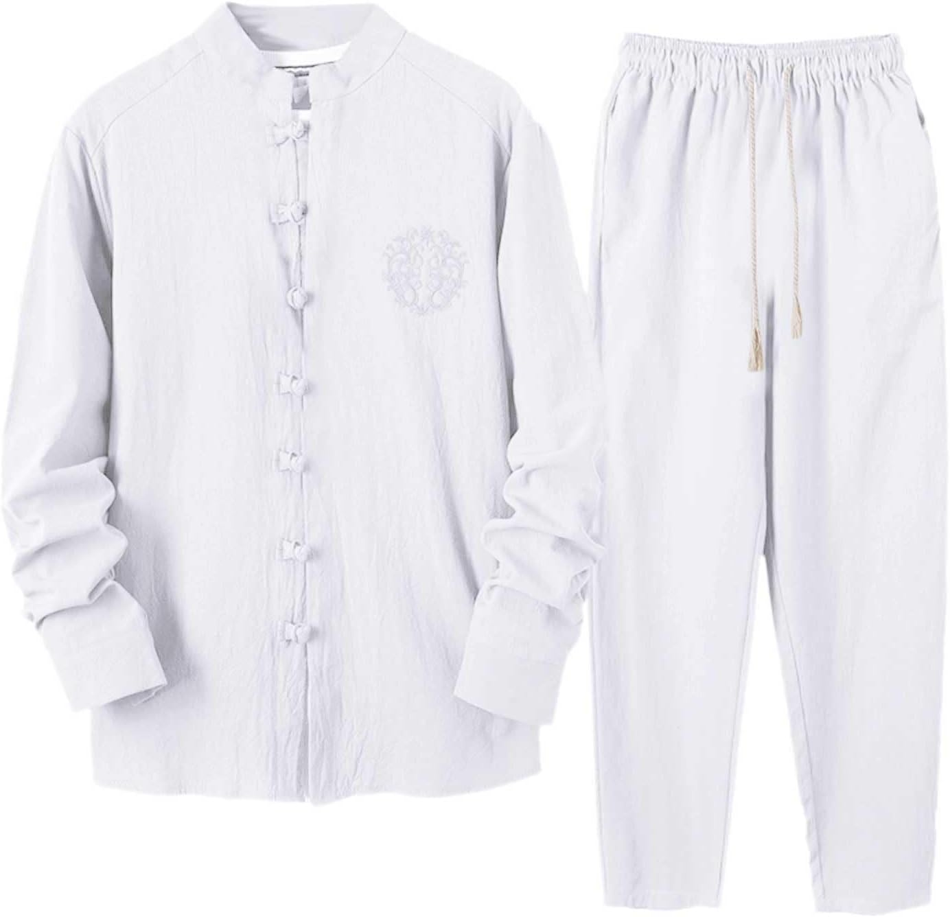 TUQIDEWUMen's Tracksuits Mens Full Set Casual Men's Tuxedo Jacket Male Autumn Cotton Linen Suit Solid Color Embroidery Long Sleeve Button Down Shirt Drawstring Casual Pants Two Piece Set Medium Suit