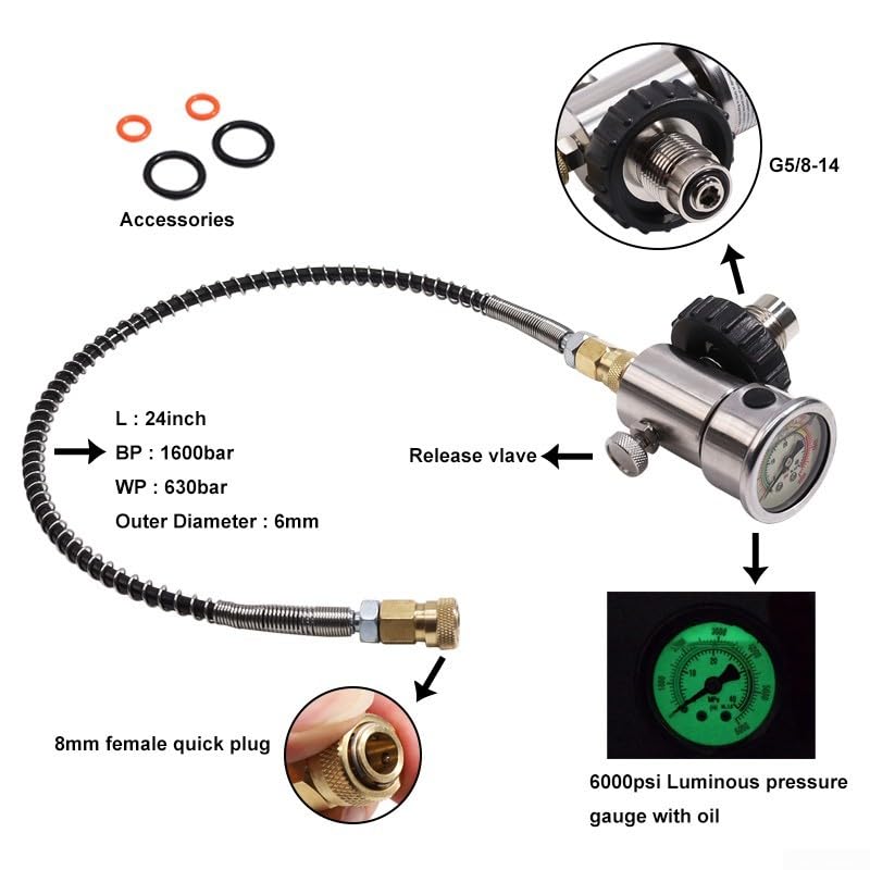 Adattatore per manometro ad alta pressione da G5/8 a 7/8 con doppio display luminoso e tubo da 24 pollici per manutenzione bombola ARA (SFC040)