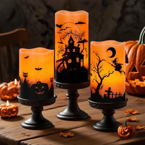 Image of Wondise Halloween Rechargable Flickering Flameless Candles with 6H Timer, Battery Operated LED Real Wax Candles with Charging Base Set of 3 Halloween Home Decoration Gifts(3 x 4 5 6 Inch)