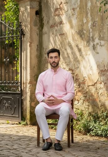 Image of Sadree Men's Cotton Long Solid Color Plain Knee Length Mandrin Collor Full Sleeve Ethnic Kurta Only
