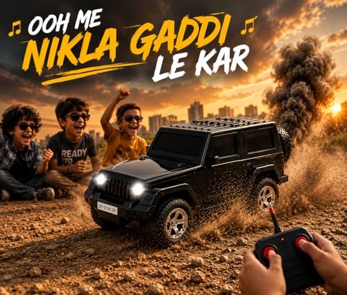 Image of RC Thar Car Toy with Smoke Feature, LED Headlights, 2.4GHz Remote Control, Rechargeable, Black, 20.5 CM, for Kids (Available in Two Colours)