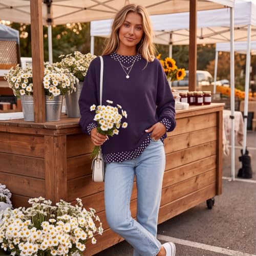 Mock Neck Sweatshirt Women Patchwork Scalloped Edge Polka Dot Pullover - image 3