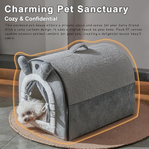 Jiupety Cute Small Dog Cave Bed with Door Curtain Design, Dog House with Reversible Washable Cushion, L Size Portable Puppy House, Cartoon Style Hut Up to 25lbs, Non-Slip Bottom, Grey - Image 4