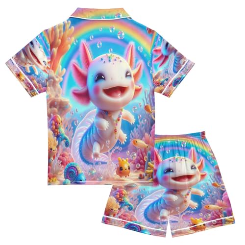 Satin Pajama Sets Short Sleeve Cute Underwater Creature Scene Button Down Silky Nightwear 2 Piece PJS 5-14Y2