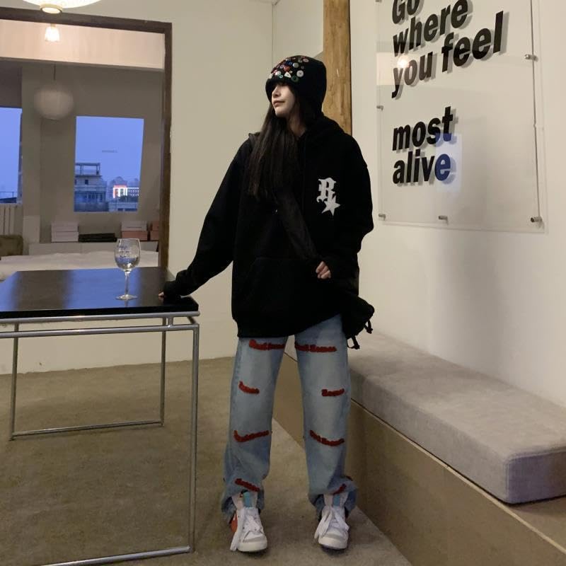 Embroidered Letters Solid Straight High Waist Jeans4