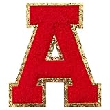 TACVEL 3PCS Chenille Letters Patch, Iron on Large Size Varsity Glitters Letter Patches for Team Costume Decoration, Height 4-1/2In, Red Letter A