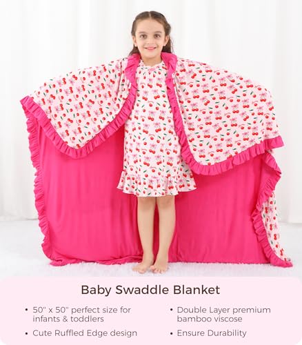 Image of Premium Baby Blankets, Soft Viscose from Bamboo Blanket for Girls, Nursery Crib Bedding Quilt for Newborn and Toddler, Ruffle Blanket Cooling for Hot Sleepers, 50''x50'' Sweet Cherries