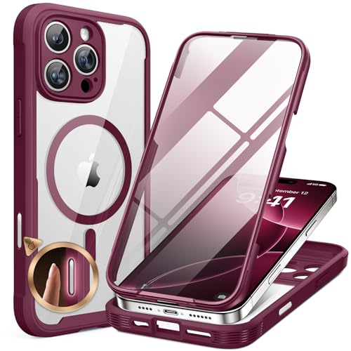 Image of Miracase Magnetic for iPhone 16 Pro Case Full-Body Phone with Built-in Glass Screen Protector, [Compatible with MagSafe] Military Drop Proof 16 Pro Cover Bumper 6.3 inch, Plum