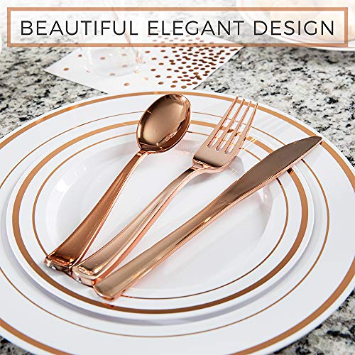 Sirsimon 250 Piece Disposable Rose Gold Plastic Dinnerware Set - 50 Rose Gold Plastic Plates - 25 Rose Gold Plastic Silverware - 25 Rosegold Cups And Straws - 50 Fancy Napkins, Wedding Or Party Of 25 #TOP3