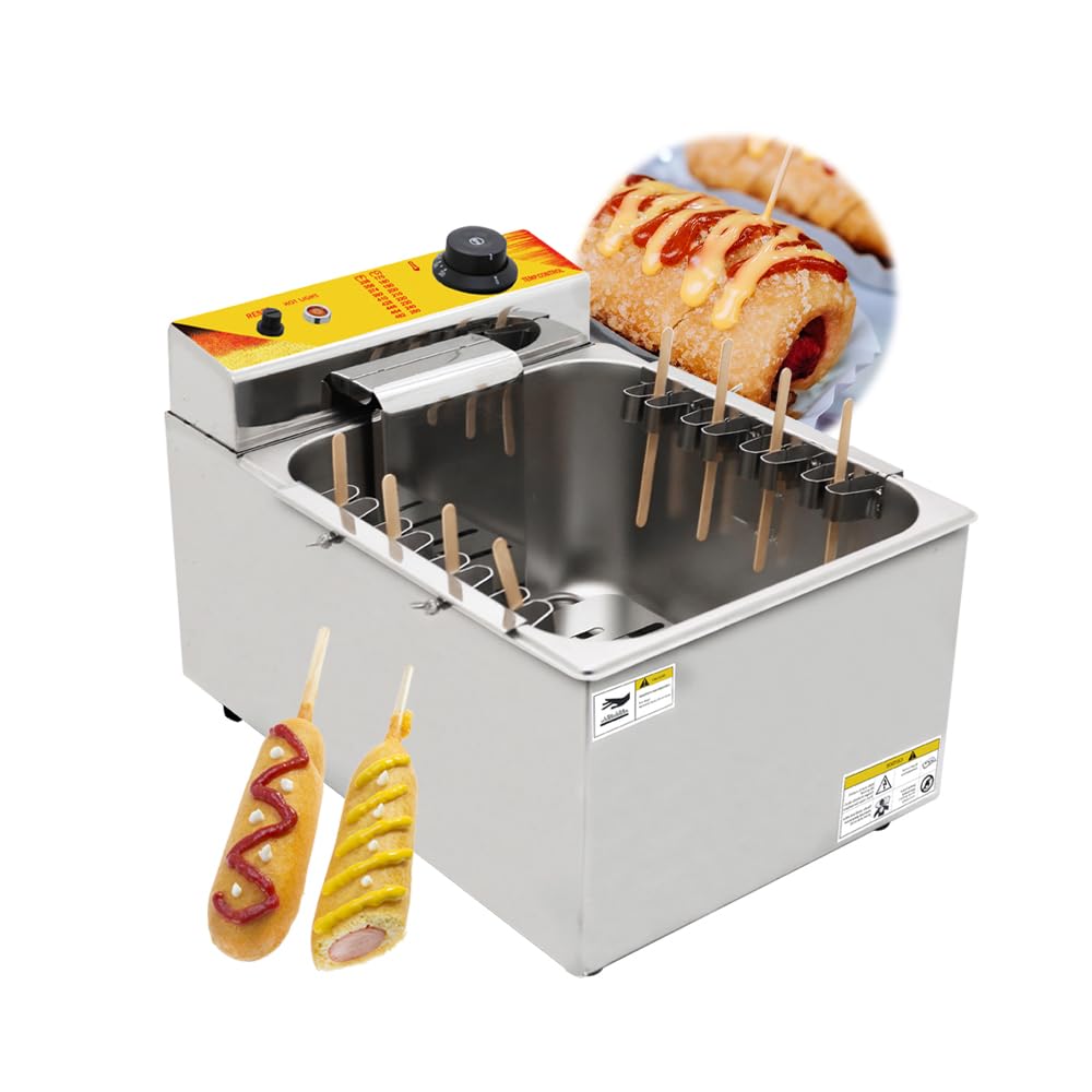 AYCDL Electric Deep Fryer for Cheese Hot Dogs, 12L Capacity, 2.5kW, Stainless Steel, Commercial Frying Machine with 8 Hooks