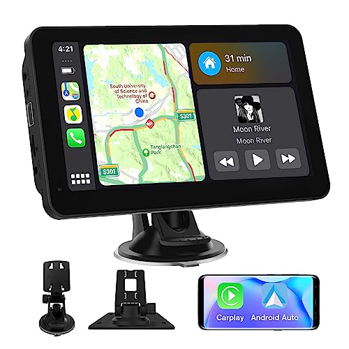 AWESAFE 7”Pantalla CarPlay Coche/Android Auto/MirrorLink Inalámbrico, Admite Bluetooth/Mirror Link/Control por Voz/USB/TF/AUX, Negra