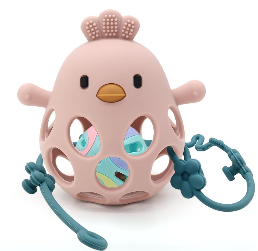 MME Pollito Mordedor Bebé, Mordedores Bebés 3-6 meses, Mordedores Bebés 6-12 meses, Mordedor Silicona Bebé, Mordedor Sensorial, Juguete Mordedor Bebé, Baby Teething Toys, Teether Baby (Rosa)