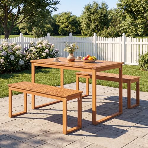 Tangkula 3 Pieces Patio Wooden Dining Set, Acacia Wood Rectangular