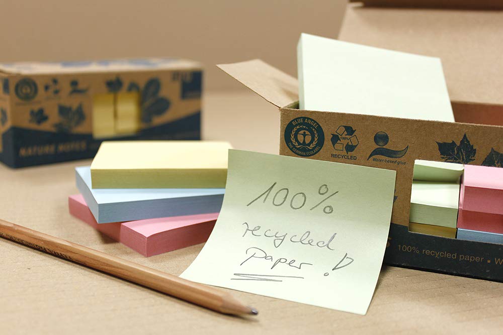 100% Recycling Haftnotizen, pastellmix, 75 x 75mm, zertifiziert mit dem Blauen Engel, 100 Blatt pro Block, 12 Blöcke in Recycling Box verpackt, 20 Boxen im Karton