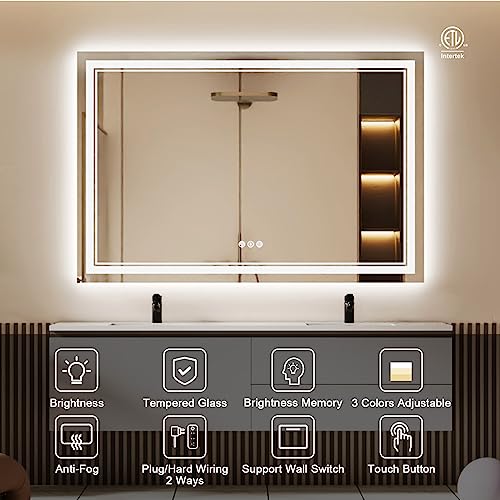60x40 Inch LED Bathroom Mirror with Lights, Backlit and Front Lighted Bathroom Mirrors for Wall, Anti-Fog Dimmable Memory Shatterproof LED Vanity Mirror for Bathroom