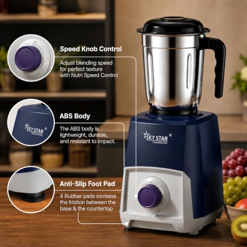 Image of Skystar Mixer Grinder Navystrom Powerful 750W Mixer For Kitchen With 4 Jars for Smoothie & Blending, Chutney Jar & Liquidizing Jar used as Wet Grinder & Blender 2 Years Warranty (Blue & Grey)