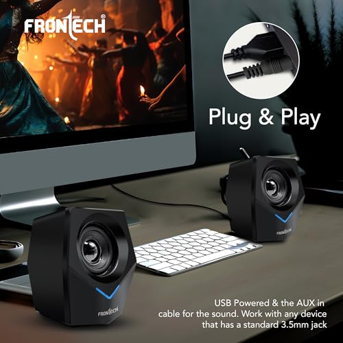 Image of FRONTECH 2.0 Multimedia Speakers: 10W USB-Powered PC /Laptop /Mobile Speakers with 3.5mm AUX & Blue LED Lighting. (SPK-0011)