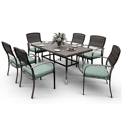 Patio Dining Set for 6, 7 PCS Patio Table & Chair Set, Metal Slatted Table with 2