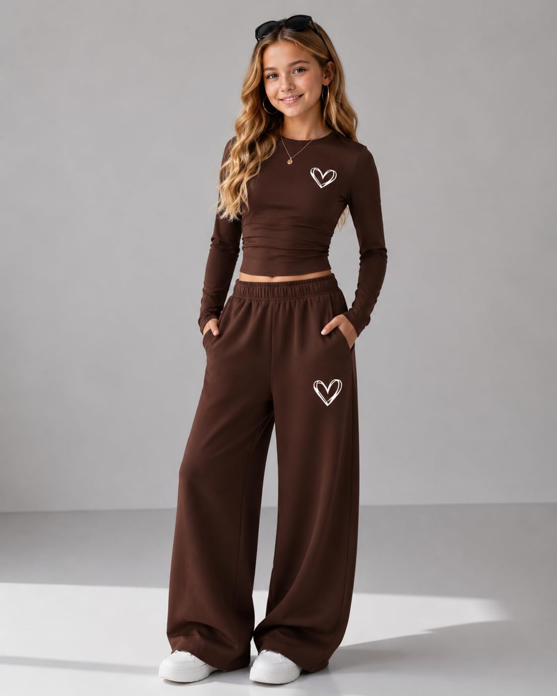 Azmxynol Tween Girls Clothes Long Sleeve Heart Print Top + Wide Leg Pants 2 Piece Outfit Set, Size 7-16 Years image 3