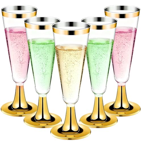 40 Pack Plastic Champagne Flutes with Gold Rim Gold Bottom,