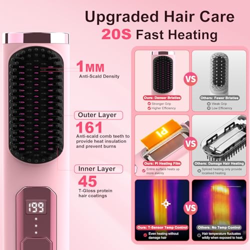Image of Cordless Hair Straightener Brush, Portable 500 Million Ions Smooth Straightening Brush, Rechargeable 4-IN-1 Go Brush, MCH Fast Heating, 5D Dense Bristles, LED Display, Anti-Scald for Women Home Travel