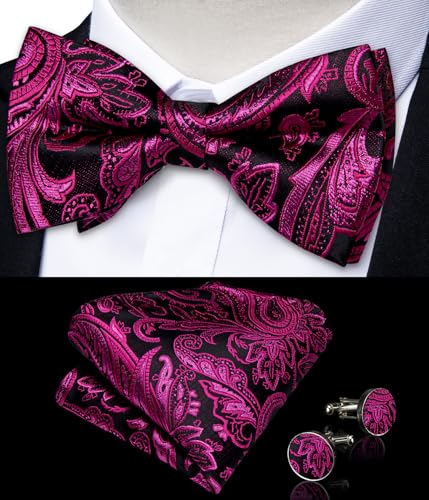 Image of DiBanGu Paisley Pre-Tied Bow Ties for Men Silk Adjustable Bowtie and Pocket Square Cufflinks for Wedding Party