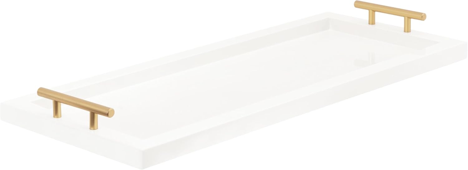 Kate and Laurel Halsey Rectangle Decorative Narrow Tray with Gold Metal Handles; 24 x 10; White and Gold; Modern Glam Slim Serving Tray with Handles for Living Room Decor