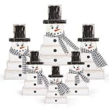 6Pcs Retro Winter Snowman Wooden Decoration Christmas Black White Table Centerpiece with Plaid Ribbon Xmas Rustic Farmhouse Tired Tray Blocks for Home Mantel Fireplace Tabletop