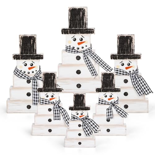 6Pcs Retro Winter Snowman Wooden Decoration Christmas Black White Table Centerpiece with Plaid Ribbon Xmas Rustic Farmhouse Tired Tray Blocks for Home Mantel Fireplace Tabletop