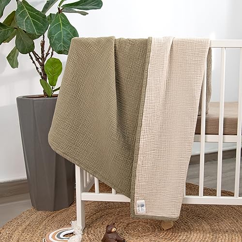 Image of lulumoon Muslin Baby Blanket Neutral: Cotton Toddler Blanket for Daycare | Soft Reversible Crib Bedding for Baby - Lightweight 4-Layer Muslin for Stroller, Tummy Time & Travel, 47 inchx47 inch(Olive)