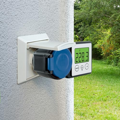 SCHWAIGER Energiekostenmessgerät Stromzähler Steckdose Outdoor IP44 Einspeisemessgerät Balkonkraftwerk Solaranlage beleuchtetes Display Watt Volt kWh digital Stromkostenmessgerät Einspeisung messen