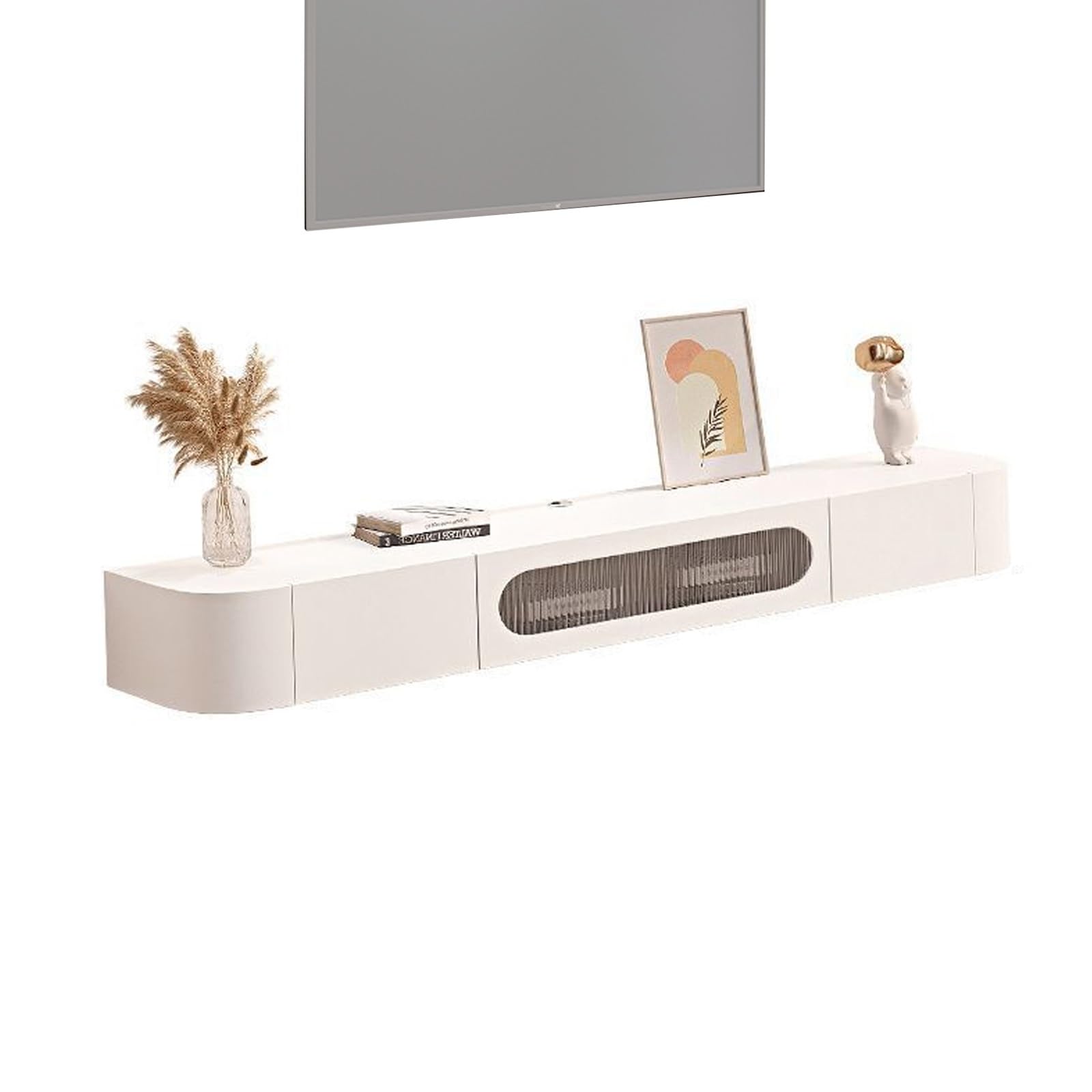 Meuble TV suspendu blanc de 140 cm avec porte en verre pour salon moderne