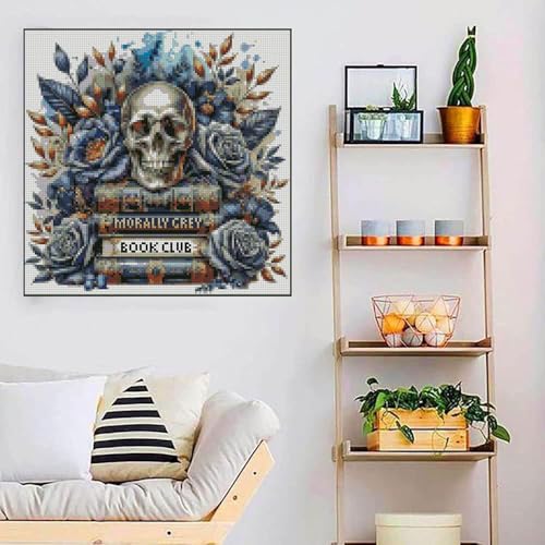 Image of Skull Stamped Cross Stitch Kits Skull and Book Cross Stitch Patterns,Dimensions Cross Stitch Kits Embroidery Kit Arts and Crafts for Beginners 13.7x13.7 inch
