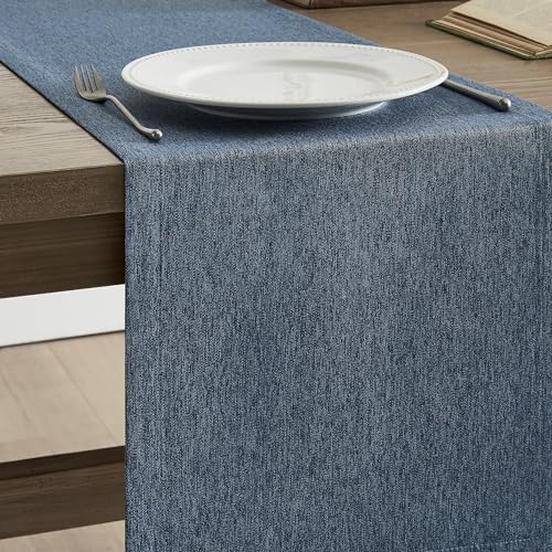 Image of ZeeMart Basic Linen Style Table Runner, 14x36 Inch Navy Blue | Mitered Corner Design, Medium Weight Fabric, Rustic Farmhouse Style, Machine Washable Easy Care Everyday Table Scarf