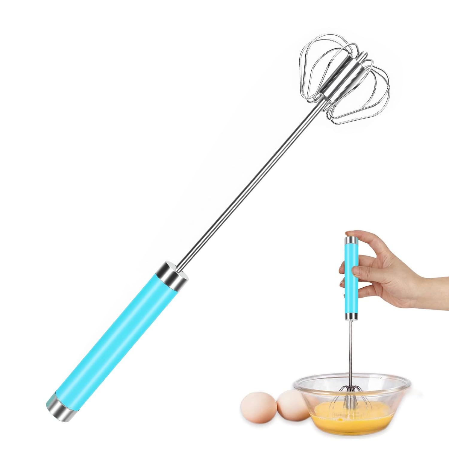Whisk Stainless Steel Hand Push Whisk Semi Automatic Egg Whisk Beater Whisks Wisk Balloon Whisk for Baking Cooking Whisking Beating Stirring Blue 31.5 x 6 x 6 cm