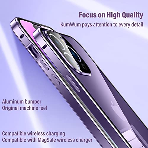 Kumwum Magnetic Case For Iphone 14 Pro Max Front And Back Protection Ultra-Thin Tempered Glass Screen Protector Metal Bumper Double Sided Buckle Clear Cover With Camera Lens Protector - Purple #TOP1