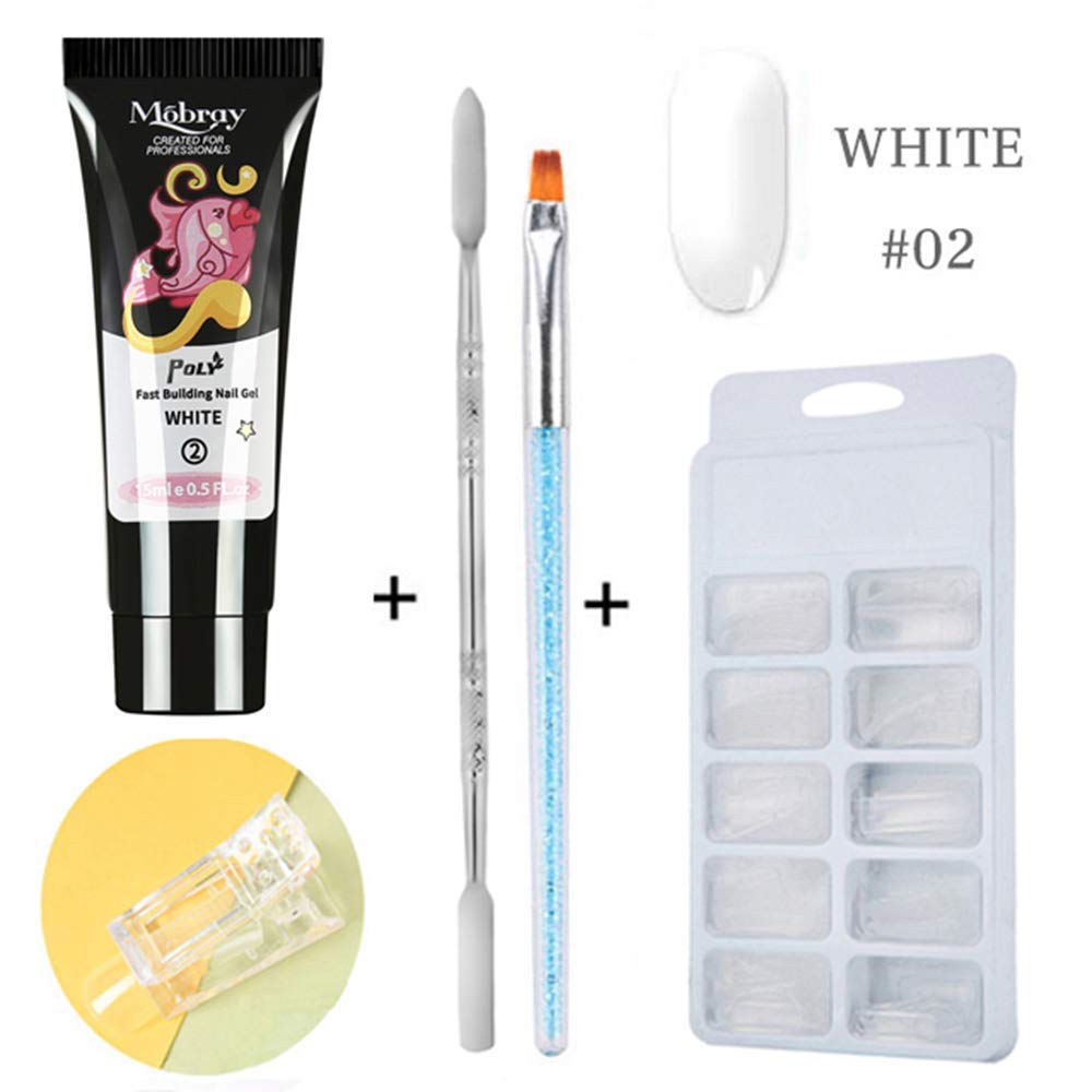 Poly Gel, 1pcs 15ML Building Gel & 100pcs Nail Tips & a Therapy Pen, a Double-end Pusher, a Transparent Clip Nail Art Extension Manicure Set for Beginner or Technician(White)