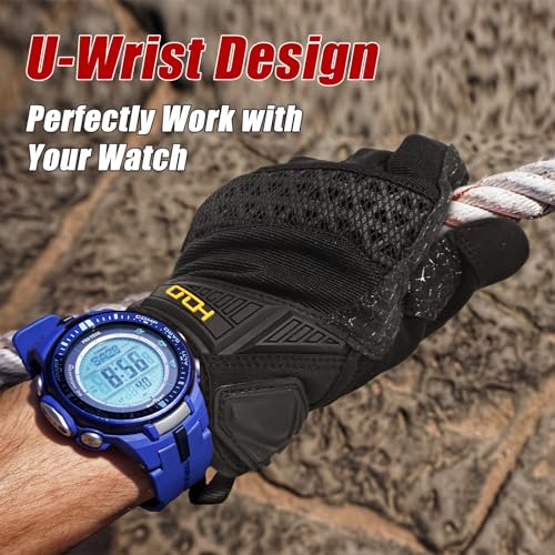 HANDLANDY Mens Work Gloves Touch screen, Utility Mechanic Gloves, Flexible Breathable Fit- Padded Knuckles & Palm (Black- Grip, Medium)