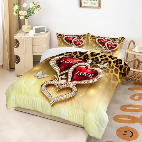 Image of AILONEN Romantic Love Heart Bedding Set Queen Size,Gold Leopard Print Comforter with 2 Pillowcases,3-Piece Red Jeweled Hearts Quilt Set for Lover Couple