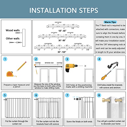 2 Pack Gold Curtain Rods For Windows 48 To 84 Inch(4-7 Feet),1" Diameter Drapery Rods With Modern Style End Cap Finials,Size:36-88 Inch #TOP6