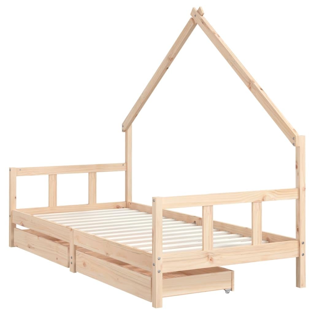 Rama łóżka dziecięcego z litego drewna sosnowego 90x200 cm z szufladami do przechowywania, niskie łóżko pojedyncze dla malucha z solidnymi listwami, nowoczesny design stymulujący kreatywność