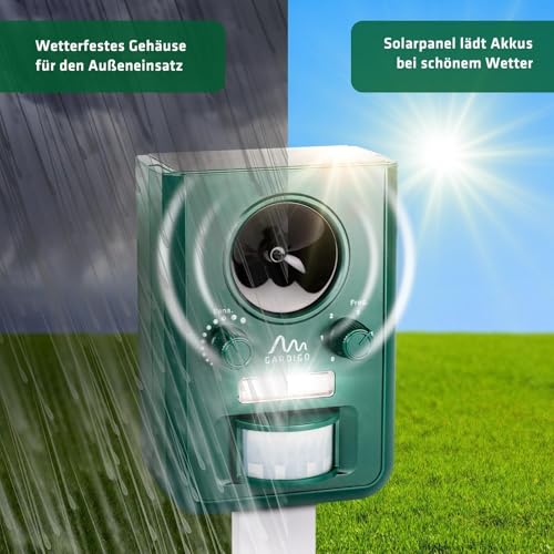 GARDIGO® Tiervertreiber Ultraschall Solar | Katzenschreck und Marderabwehr mit Blitzlicht | Multifrequenz Gerät, 5 Modi, Gesamtfläche ca. 75m² (ca. 9 m, 110°) | Inklusive Batterien & USB-Ladekabel