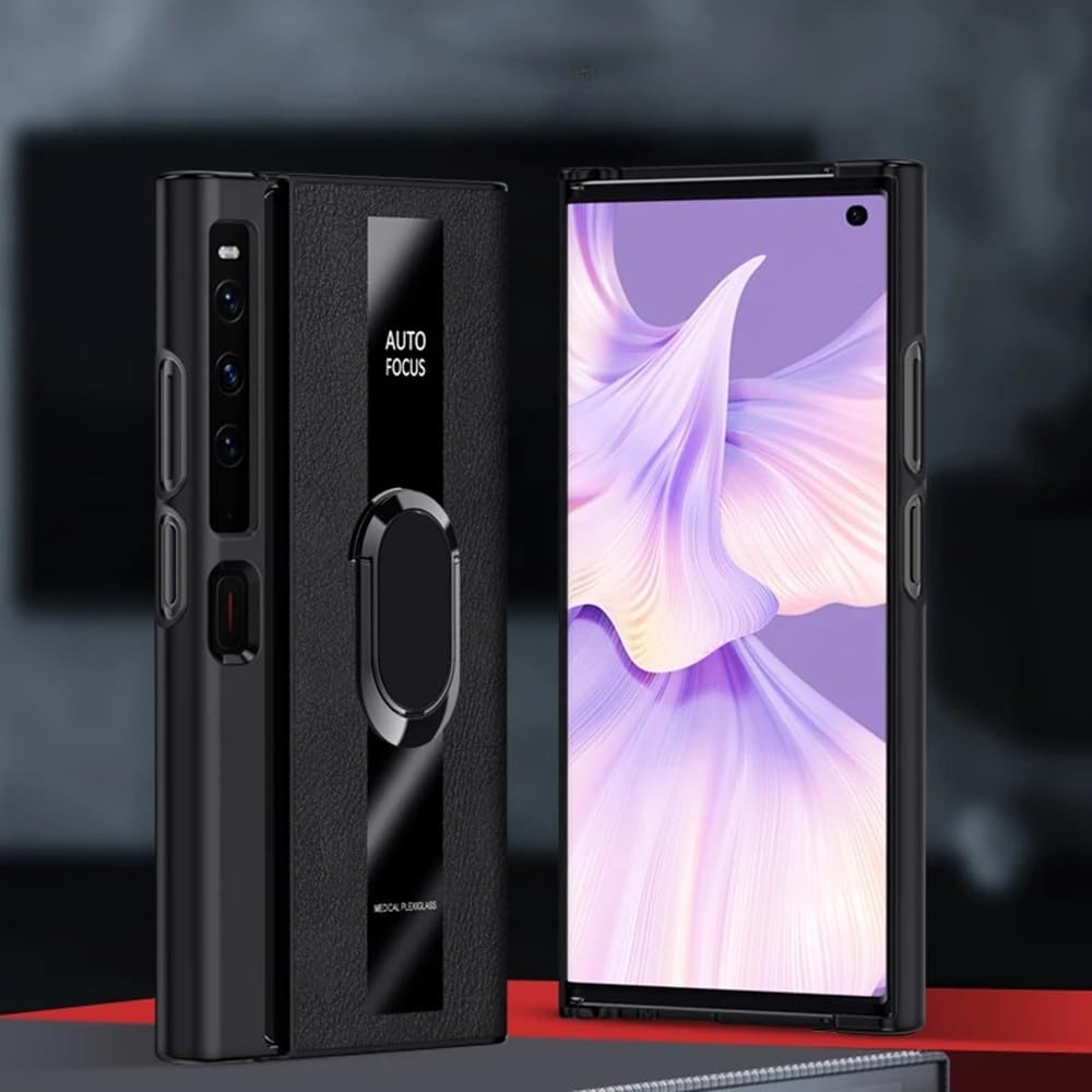 Gruattreay Compatible with Huawei Mate Xs 2 Case with Built in Metal Plate on Back Stand Ring [Support Magnetic Car Mount] [Kickstand Feature] Magnet Leather Phone Cover for Men (Black)