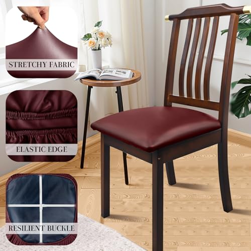 Image of Pu Leather Dining Chair Seat Covers Set of 6, Waterproof Kitchen Chair Covers Stretch Chair Cover for Kitchen /Dining Room /Hotel, Tasteless seat Covers for Chairs (Wine Red - 6 PCS)