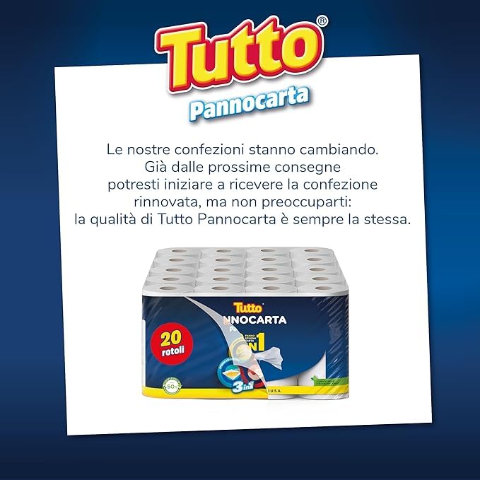 Tutto Pannocarta 3 in 1, 24 Rotoli di Carta Multiuso, 1 Velo, 48* strappi, Extra Assorbente, Lavabile e Riutilizzabile più di 20 Volte, 100% Made in Italy
