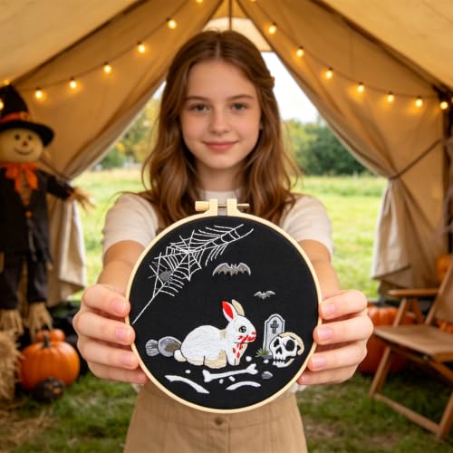 Image of Halloween Embroidery Kits for Beginners Adults, Gothic Rabbit Embroidery DIY Kit, Halloween Cross Stitch Kits Needlepoint Kits for Beginners Adults Woman Gifts, Embroidery Hoop, Thread, Video Tutorial
