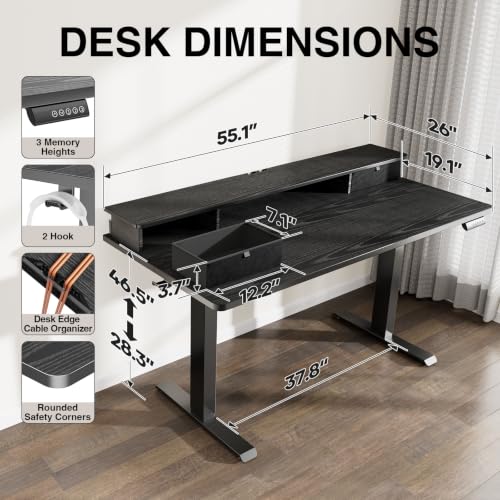 Image of Veken 55x26 in Electric Standing Desk with Drawers, Adjustable Table, Black | Stand up Computer Desk for Home Office, Work & Study, with Storage, 3 Memory Presets, Cable Organizer, Hook, and Quiet Lift.