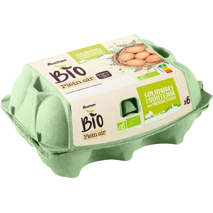 AUCHAN Oeufs de poules élevées en plein air bio 6 oeufs