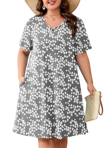 Image of AusLook Plus Size Midi Dress for Women Short Sleeve V Neck Criss Cross A Line Summer Casual Vacation Sundresses with Pockets