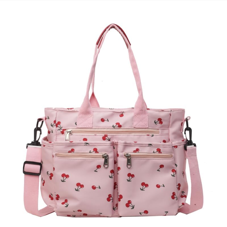 Women's Cherry Print Tote Bag Large Capacity Nylon Crossbody Shoulder Bag with Multiple Pockets for Work, Travel & Daily Use